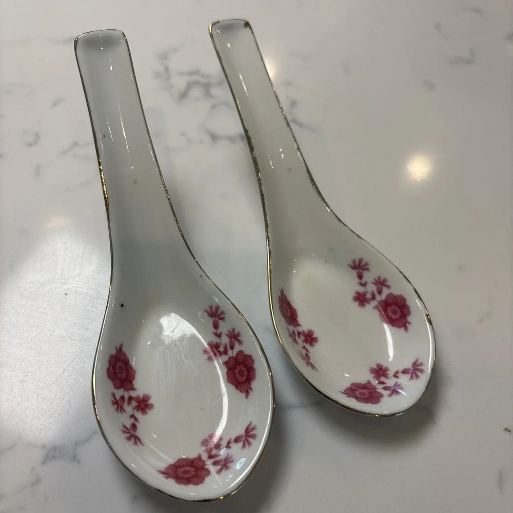 VTG Chinese Porcelain Spoons‎ Pink Roses Floral Gold Edging  5